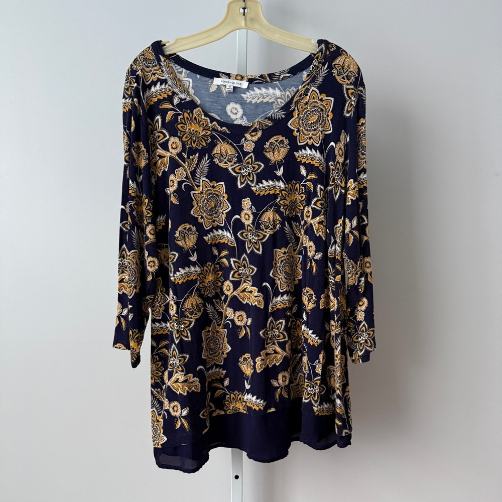 Rose + Olive 3X Navy Whimsigoth Witchy Boho‎ Goblin Bell Sleeves Top